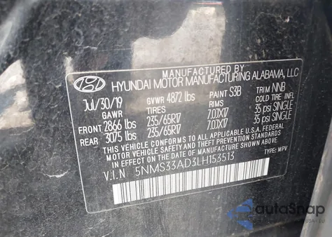 2020 Hyundai Santa Fe Sel z USA, uszkodzony, nr VIN 5NMS33AD3LH153513